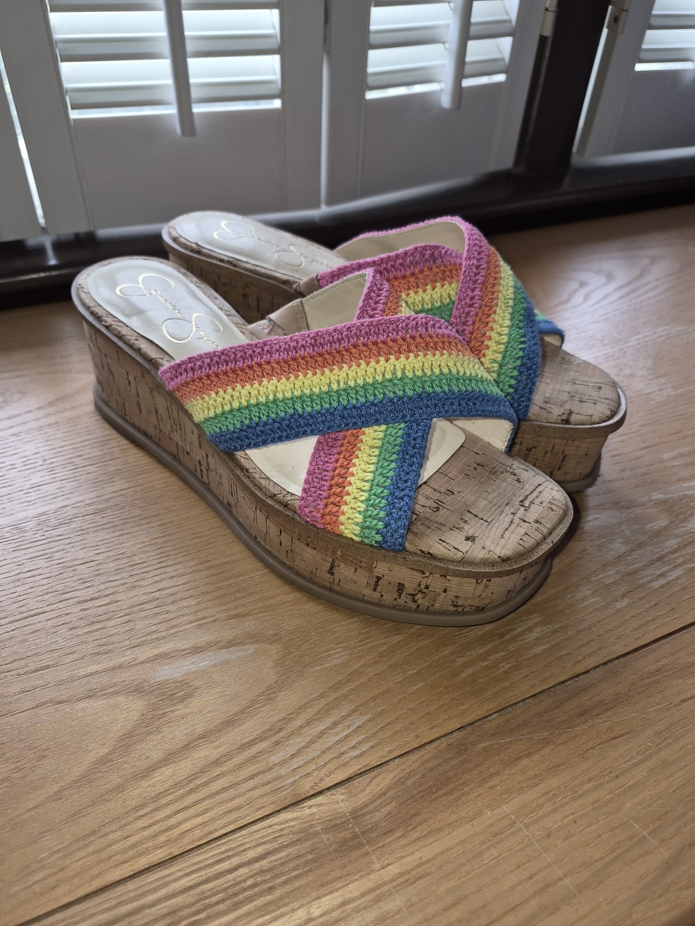 Jessica Simpson Multicolor Rainbow Crochet Cork Wedges